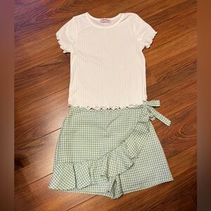 Love Squared White Textured Top with Green Skort Bottom